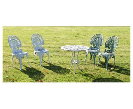 Vintage white-painted aluminium patio set comprising: circular table, 68.5cm diameter and four palmette-back chairs  
