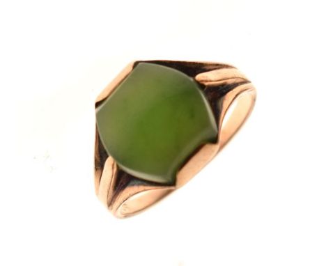 Jade set dress ring, the shank stamped 9ct, size N, 3.2g gross approx  