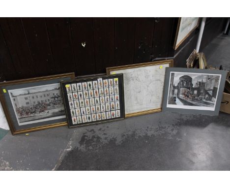 Framed set of military cigarette cards, two coaching prints and 1926 map of Greystoke  