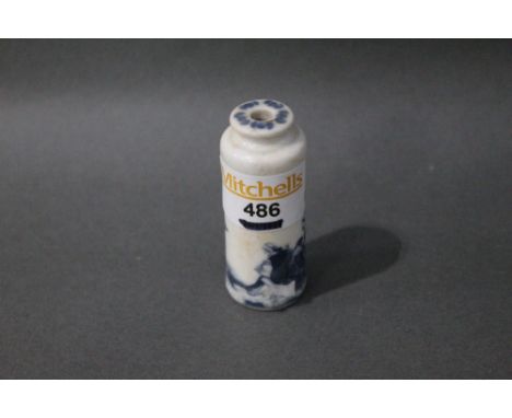 Small Chinese blue and white scent bottle decorated with figures by a river, six character marks to base, height 2.5 ins