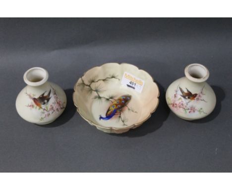 Pair of Locke &amp; Co of Worcester vases, painted with birds and a shallow bowl painted with peacock