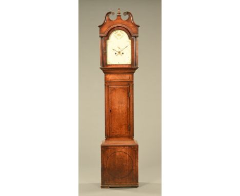 George III mahogany longcase clock, with swans neck pediment above the arched painted dial with eight day striking movement, 