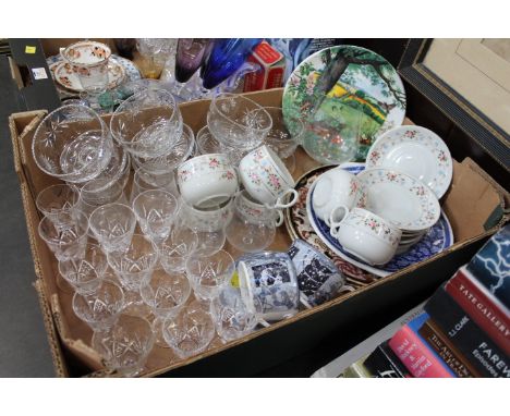 Box of glassware, cups, saucers, decorative plates, etc 