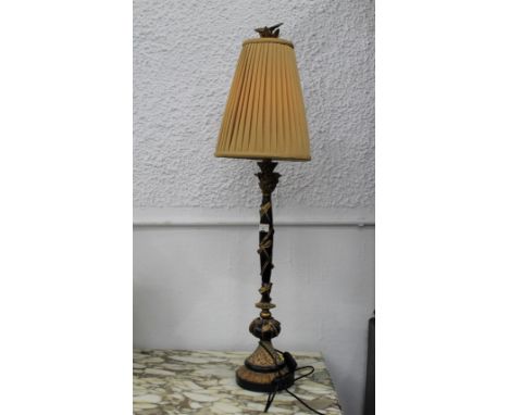 Decorative table lamp and shade, the stand with dragonfly gilded design.  Height 100 cm