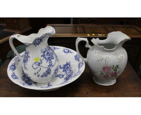 Victorian blue and white wash basin and jug and floral jug