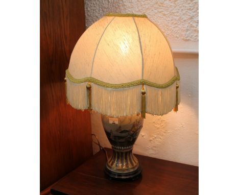 Decorative table lamp and shade, the base with ceramic Asian design, height +/- 65 cm