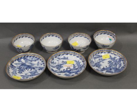 Chinese export blue and white porcelain willow decorated plates, four small bowls and three saucers 
