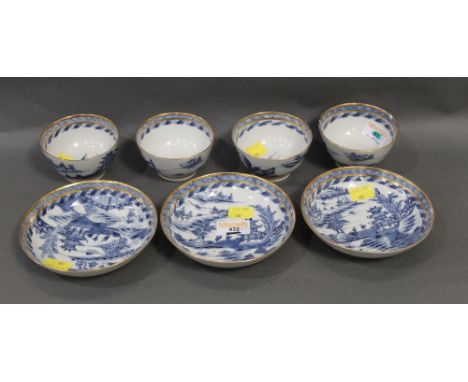 Chinese export blue and white porcelain willow decorated plates, four small bowls and three saucers 