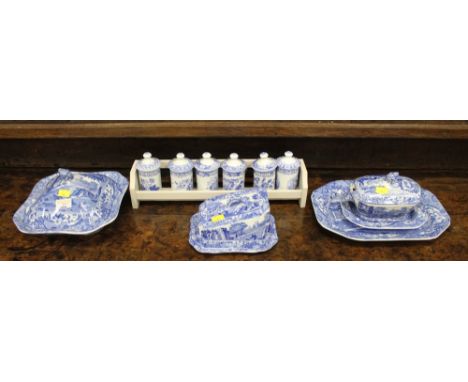 Spode Italian pattern dinnerware, tureens, cheese dish, ashette and storage jars in rack