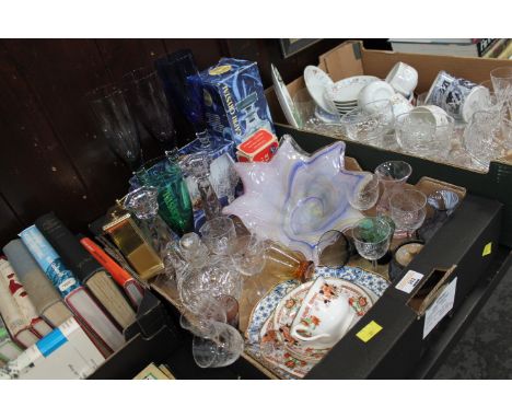 Box of glass candlestick, vase, china, boxed decanter, glasses, carriage clock, etc 