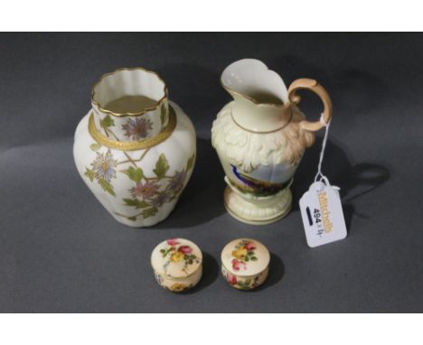 Worcester ribbed vase and jug decorated with peacock and two similar small lidded pots