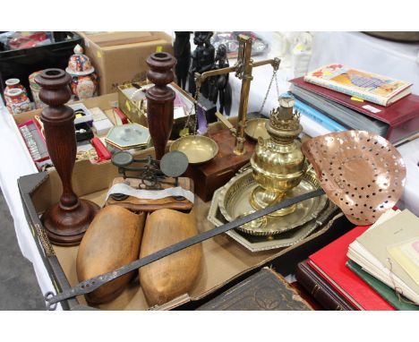 Two sets of scales, sifter, pair of candlesticks, clogs etc