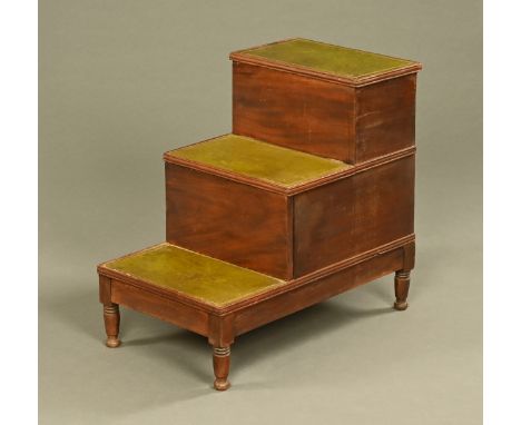 George III mahogany step commode, with tooled leather treads and raised on turned legs, height 64 cm, width 41 cm, depth 70 c