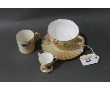 Royal Worcester floral painted cup and saucer, three handled miniature tankard and small coffee can painted with birds