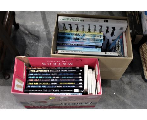 Two boxes of aircraft books - The Luftwaffe in Camera, World War II Combat Aircraft, The RAF in Camera, Japanese Military Avi