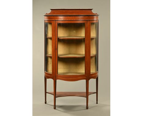 Edwardian inlaid mahogany demi lune display case, with rear upstand and raised on tapered legs of square section united by a 