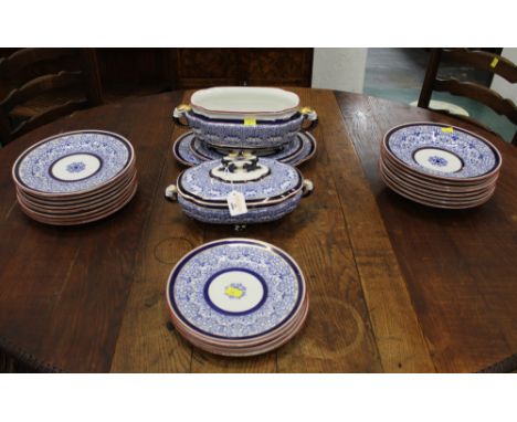 Royal Worcester blue and gilt dinnerware, dinner plates, bowls, tureens and ashettes