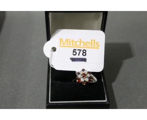 9 ct gold garnet and opal ring, size K
