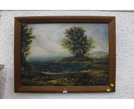 R Lubos, a continental oil on canvas, wooded bay with city in the distance, "A Remembrance for You" and dated 47, in a oak fr