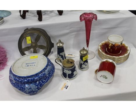 Blue and white oriental vase stand with character marks, Jasperware cruet, cranberry glass vase, Aynsley cups and saucers etc