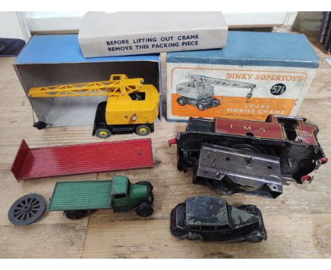 A box of vintage diecast vehicles to include a Dinky Supertoys Coles Mobile Crane 571 in original box, a Dinky Triumph &amp; 