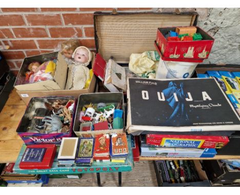 A collection of vintage toys &amp; board games to include a William Fuld ouija board in original box, dolls, plastic farmyard
