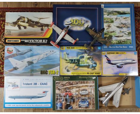 A box of assorted aircraft &amp; others model kits , built models, jigsaws &amp; dicast set etc.  