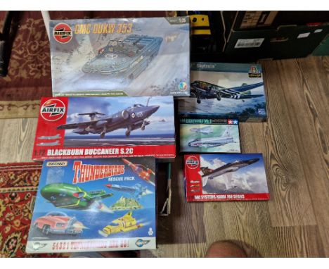 A box of 5 model kits (3 x Airfix , 1 x Tamiya, 1 x Italeri) &amp; a 1992 Thunderbirds rescue pack (die cast set)  
