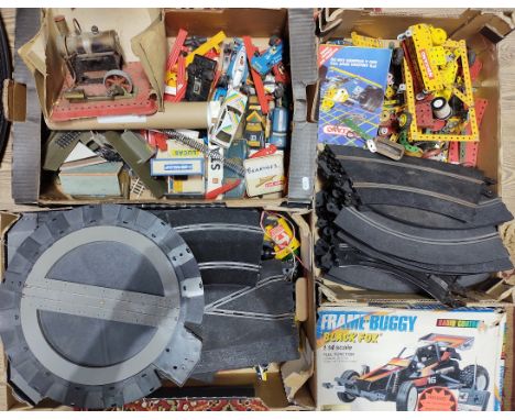 Three boxes of assorted vintage toys to include Scalextic items, Meccano, an rc car &amp; a stationary Mamod steam model.  