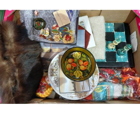 A box of mainly Russian collectables including badges, a chess set, papier mache etc.  