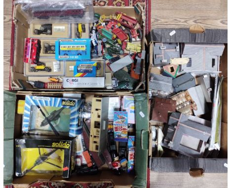 Three boxes of toys, models and collectables including die-cast model vehicles, model railway items, tin plate toys, etc.  