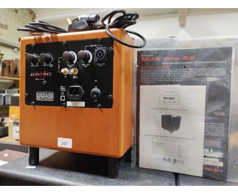 An MJ Acoustics subwoofer, model MJA Pro 50.  