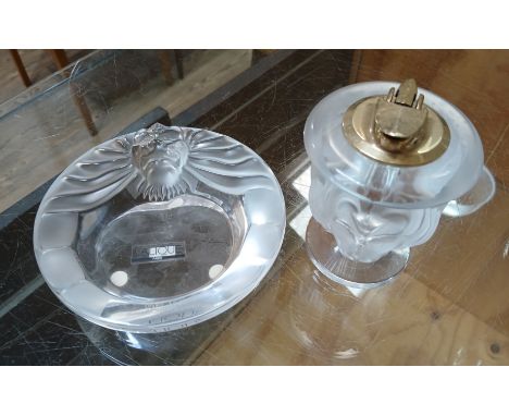 A modern Lalique glass table lighter and ash tray, height 11.5cm &amp; diameter 14.5cm respectively.  