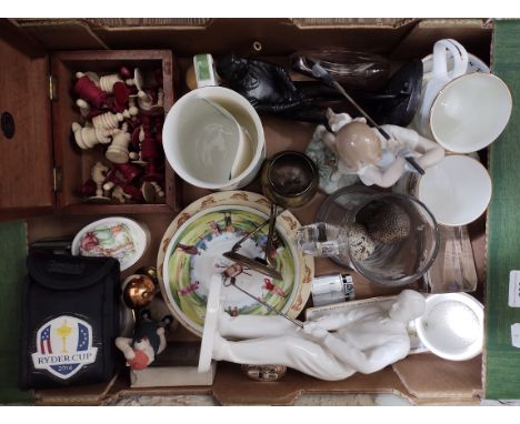 A box of assorted collectables, mainly golf related to include 3 x vintage golf balls, Royal Doulton tankard, cup, lidded dis