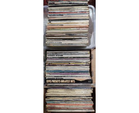 Three boxes of vinyl LP records including Van Morrison, Bob Dylan, Bruce Springsteen, Cream, Neil Young, ELO, Leadbelly, Loui