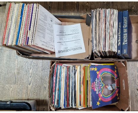 Three boxes of vinyl LP records including Adam Faith, Showaddywaddy, Cilla Black, Nomad, Lulu, Buddy Holly, etc.  