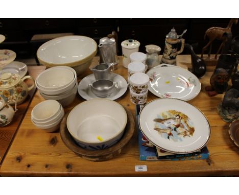 A quantity of various china to include mixing bowl; enamel plates; wooden fruit bowl; a stein etc. 