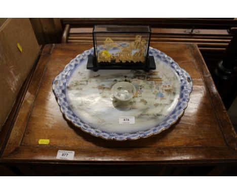 An oriental porcelain tray; a small oriental bowl; and a cork model 