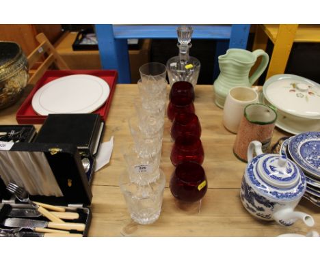 A Bohemia glass decanter; five brandy; and six heavy cut glass tumblers 