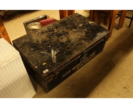 A metal storage trunk 