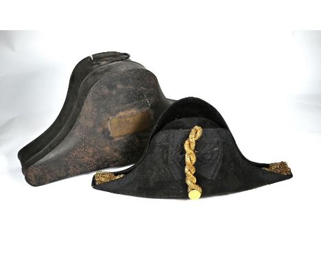 A Naval Officer's cocked hat, R G James &amp; Co, Portsmouth, in japanned tin case, with brass plate engraved to W Standen RN
