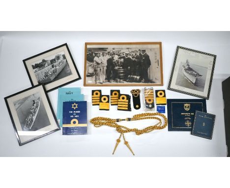 A Naval officer's bullion 'scrambled egg' lanyard and epaulettes to/w various photographs of warships and other images, publi
