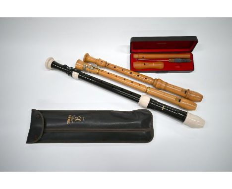 Two Moech wooden recorders, 49 cm (one cased) to/w a Yamaha plastic tenor recorder and a small cased Hohner recorder (4)