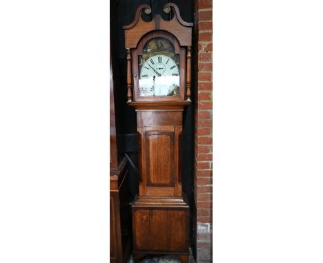 S. Furtwengler, Llannelli, a Victorian oak longcase clock, the 8-day movement with enamelled arched dial with arabic scenes, 