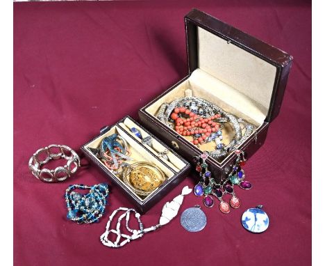 A brown leather jewel case including collection of antique and later jewellery including two Victorian graduated coral neckla