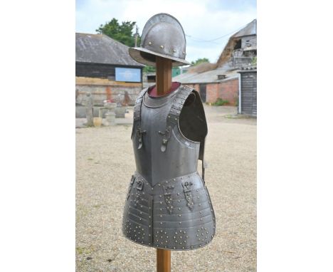 A heavy quality steel replica Morion helmet with collar, chest and back-plates and hinged shirt, on pine standWebbing shoulde