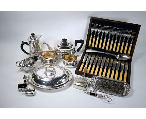 An Old Sheffield Plate snuffers tray with electroplated snuffers, a Victorian Regency Revival Mappin &amp; Webb Queens Plate 