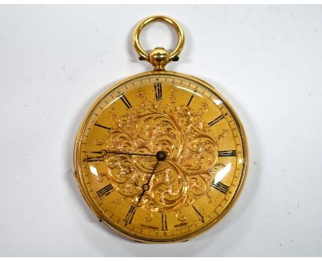 A Swiss unmarked yellow metal pocket watch with key-wind lever movement by Bourquin of Geneva, foliate-engraved dial and engi