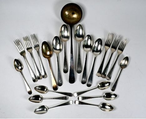 A quantity of George III Irish old English pattern silver flatware, comprising a soup ladle, five tablespoons, six table fork