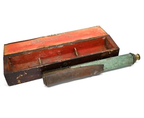 A 19th century brass two-draw telescope by Sewell of Liverpool, 103 cm extended (f/r) in stained pine box to/w a heavy copper